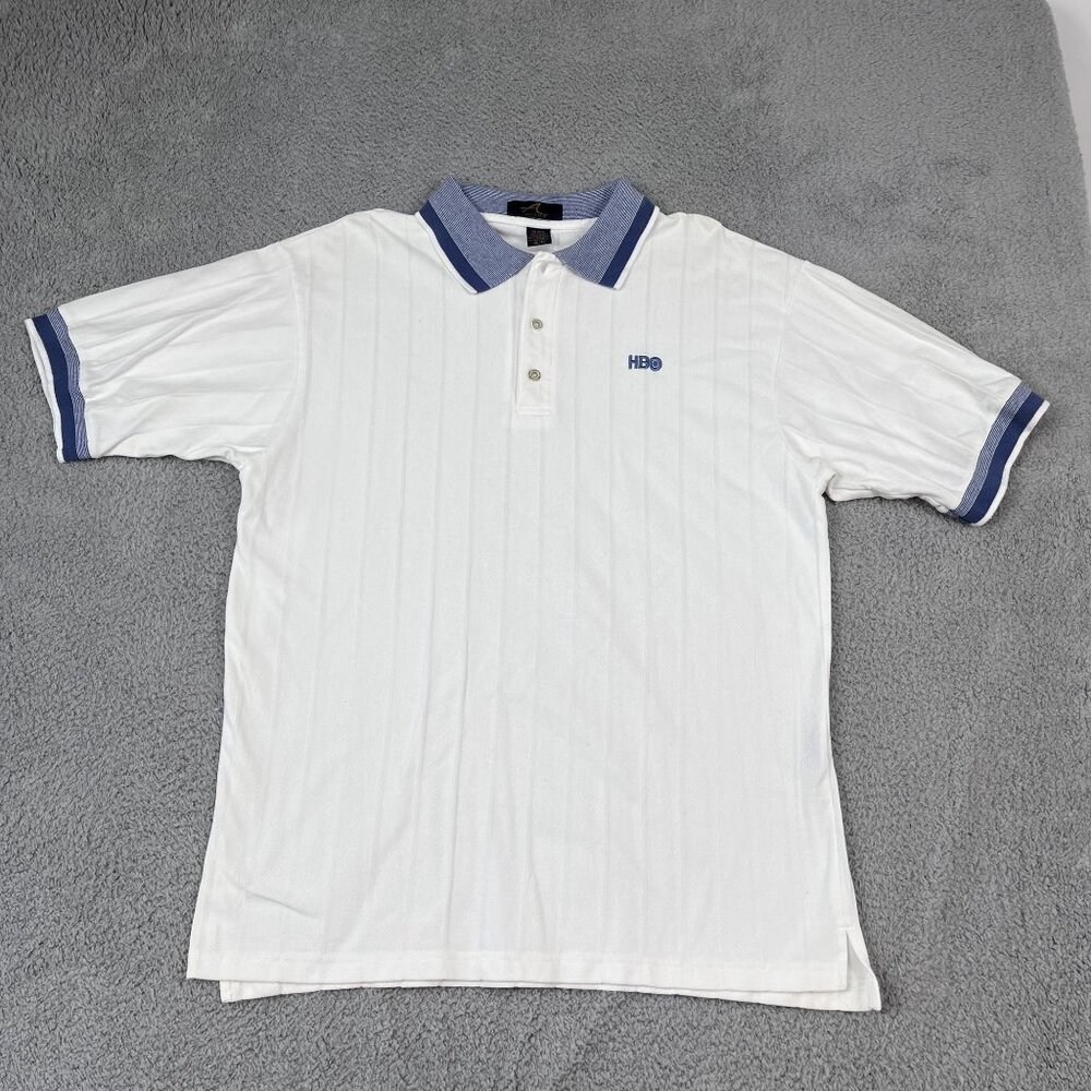 VTG HBO Ash City White‎ Striped Polo Shirt Sz XL